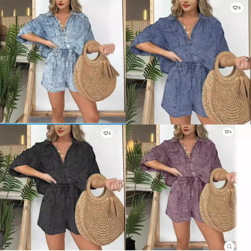 

Leisure Cotton Elegant 2 Piece Woman Set Summer Short Sleeved Lapel Single Breasted Pocket Beach Set Retro Denim Loose Short Set