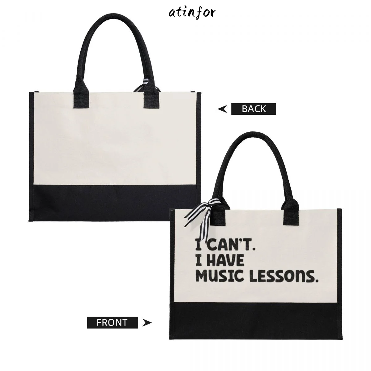 atinfor 43x17x32CM I Can't I Have Music Lessons Women Canvas Handbag Lady Beach Shoulder Shopping Casual Beach Bag Large