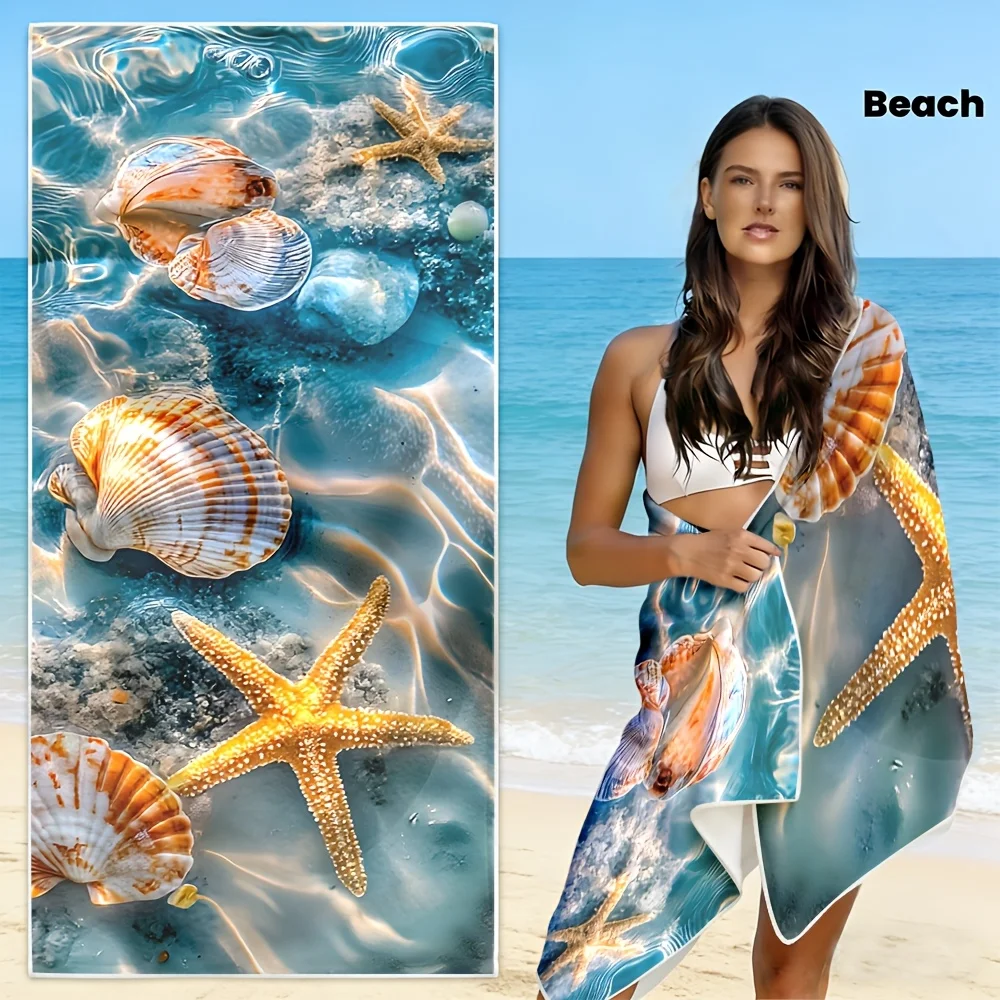Clear Seawater Golden Starfish Conch Shell Super Absorbent Microfiber Beach Towel Ocean Theme Quick Dry Shower Towel
