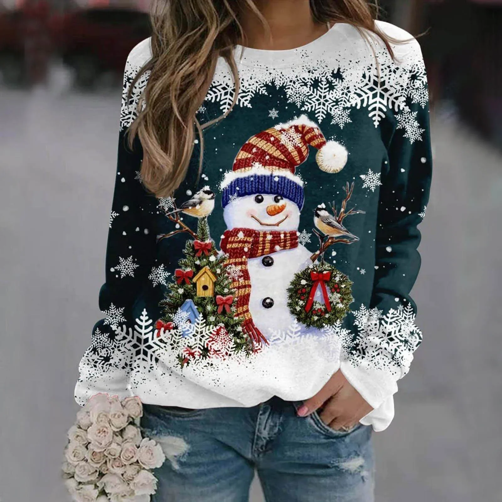 Damessweatshirt met lange mouwen Gemengde kleuren Kerstmis Normaal Winter Wit en blauw Azuurblauw Wit / Zwart Gradiënt rood sweatshirt