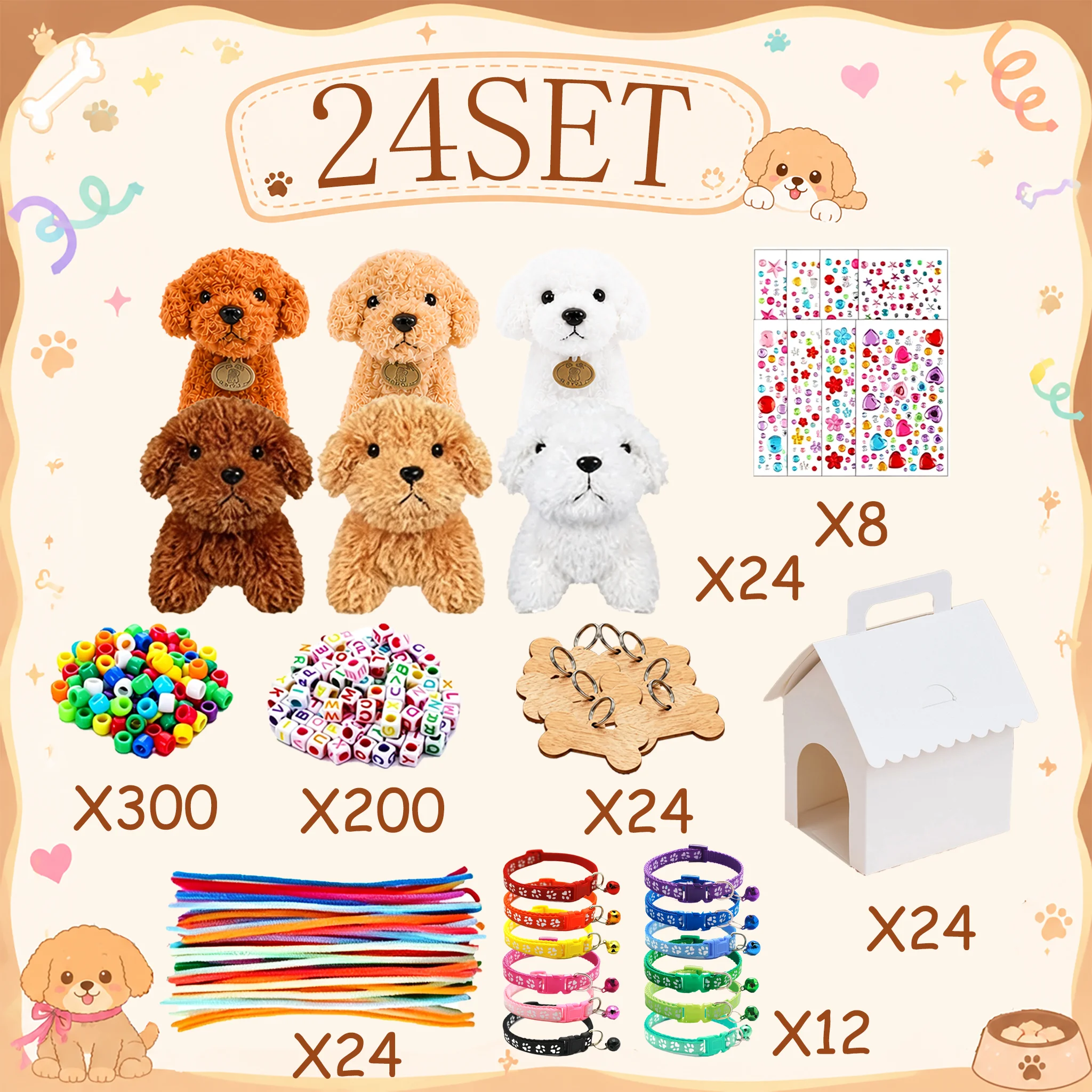 6-48er-Set DIY Adopt-a-Puppy-Party-Geschenke Teddyhund Großpackung Geburtstags-Adoptionsparty-Hunde Plüsch mit Hausperlen, Halskette, Glocke, Halsbändern