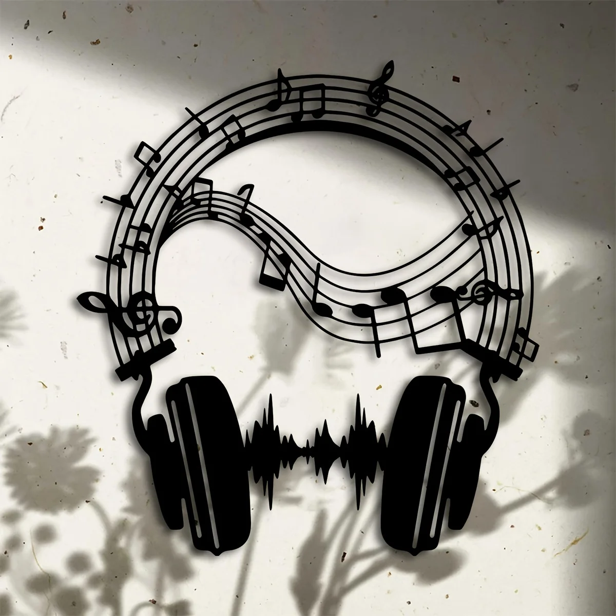 سماعات رأس أنيقة معدنية جدارية - تصميم Soundwave، ديكور استوديو الموسيقى الورقية، جدارية حديدية داخلية/خارجية للمنزل والفناء