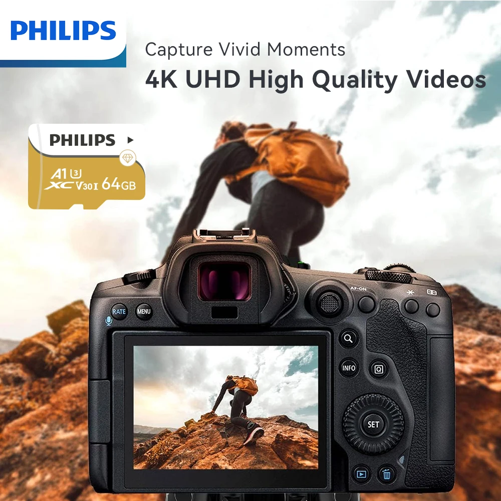 بطاقة ذاكرة فيليبس 4K V30 A1 U3 8GB 16GB 32GB 32GB 64GB 128GB 256GB Class10 مايكرو TF SD بطاقة فلاش بطاقة لمفتاح كاميرا الطائرة بدون طيار