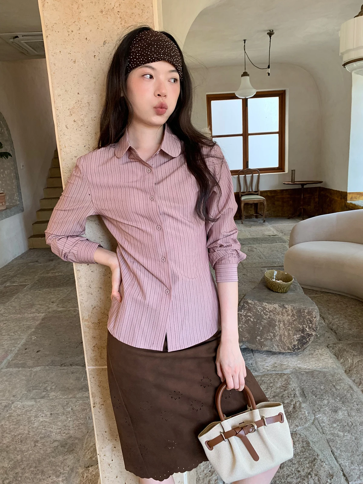 

Dorydory Classic Simple Striped round Ne irt Women's Spring New Slimming Waist Cinched Commute Stripe irt