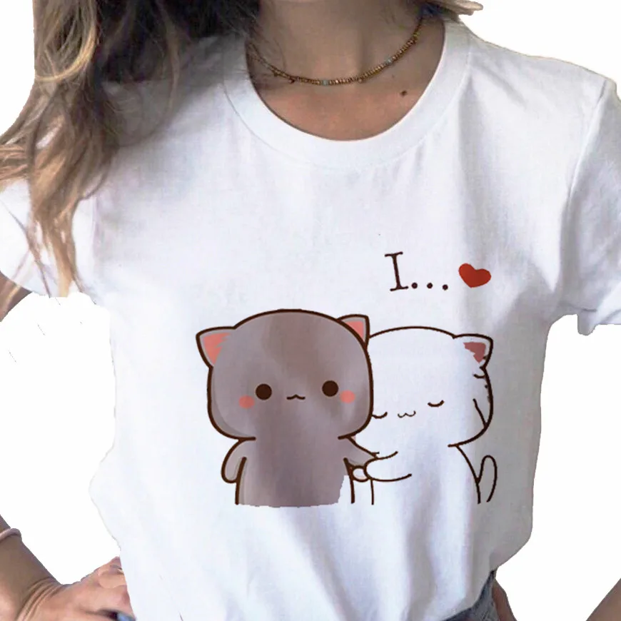 Cute Peach Cat Animal Funny Love Series Print Ladies T-Shirt Casual Basis O-Collar White Shirt Short Sleeve Ladies T-Shirt