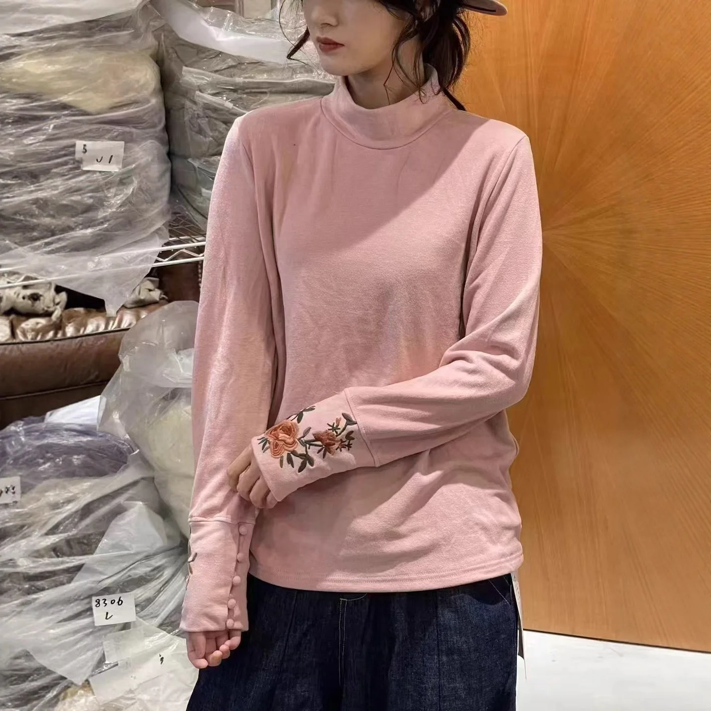Japan Style Mori Kei Sweet Floral Embroidery Cotton T-Shirts Women Autumn Winter Turtleneck Long Sleeve Casual Backing Shirts