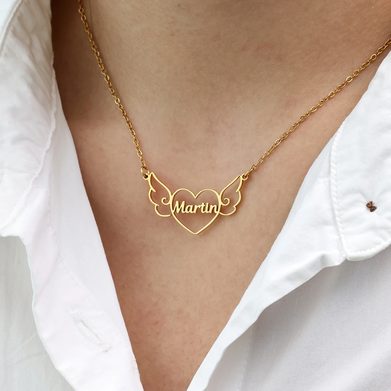 

Custom Angel Wings Heart Name Necklaces For Women Stainless Steel Customized Pendant Necklace Personalized Neck Chain Jewelry