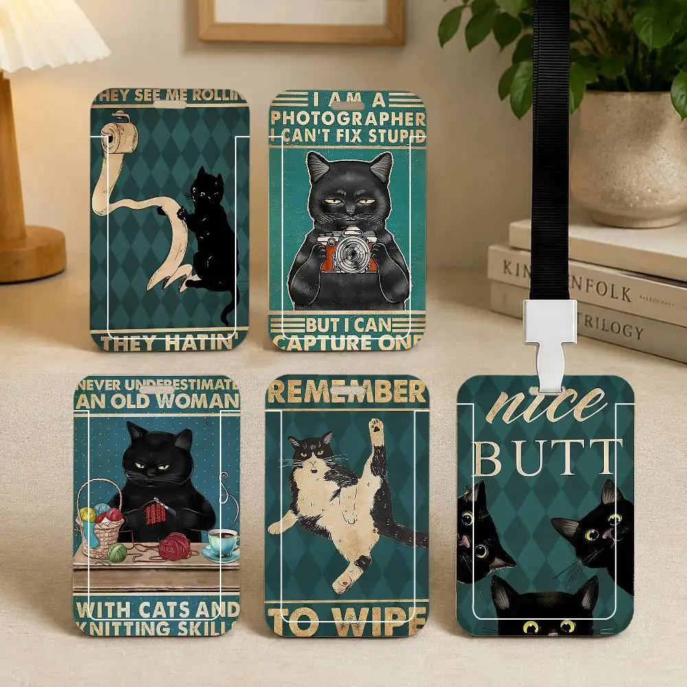 A-Cute Black Cat Bathroom Tips Card Holder Cardcase Bus Subway Work Permit Student Lanyard Neck Straps Badge Holder Door Card