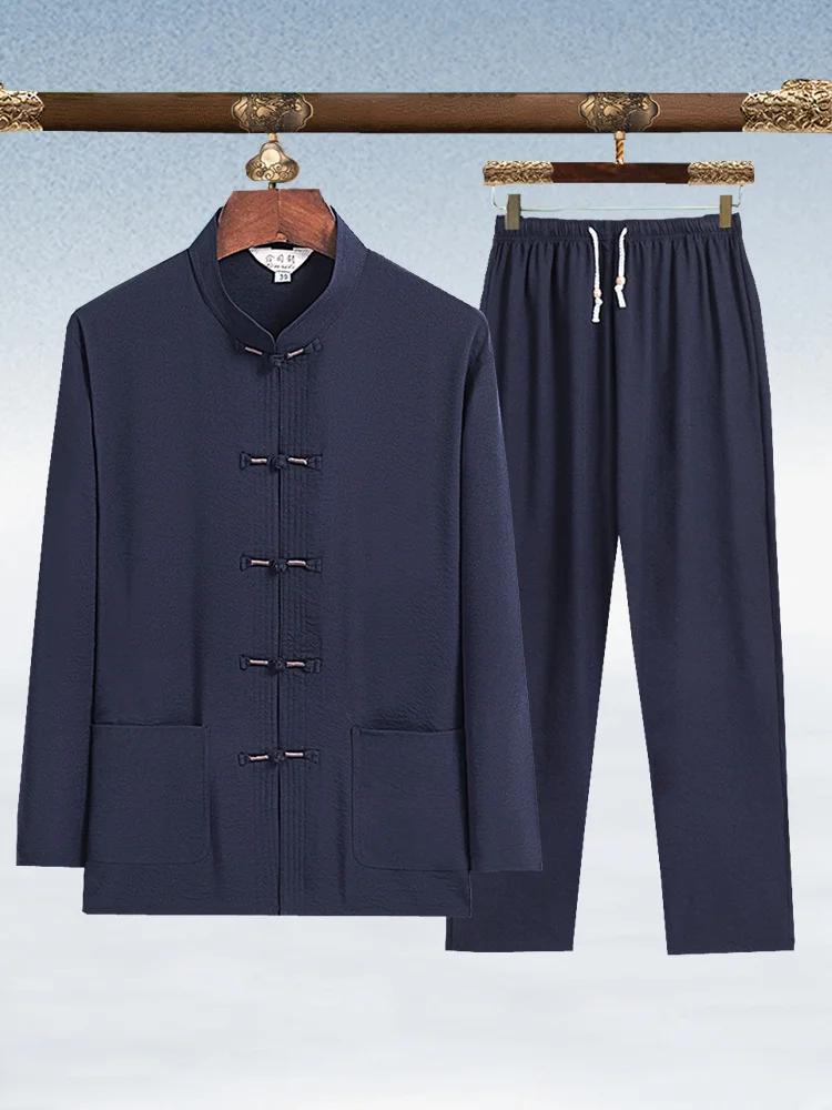 

Мужской длинный све, хлопково-льняной костюм Тан, тонкий осенне-весенний сезон, повседневная одежда для людей среднего возраста и ли