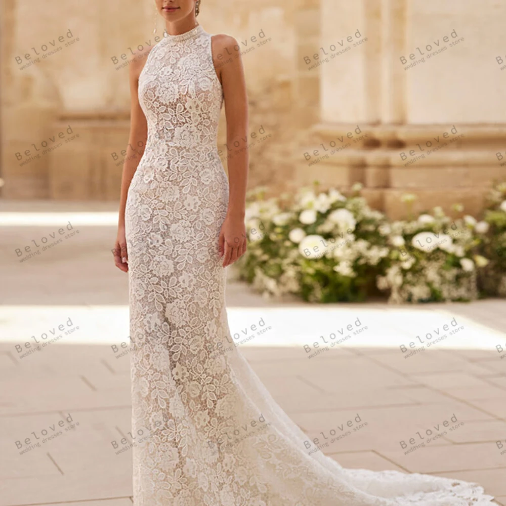 

Glamorous Wedding Dresses Luxury Bridal Gowns Lace Appliques Halter Neck Robes Sleeveless Vestidos De Novia Glamorous Customized