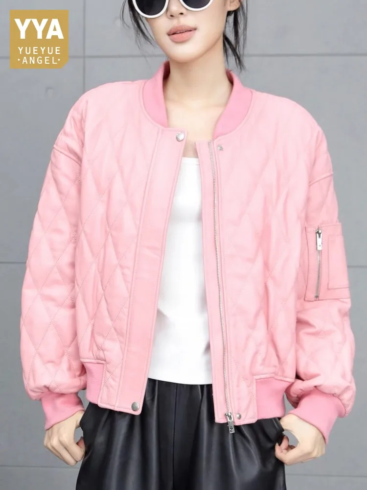 캐주얼 스타일 스탠드 칼라 지퍼 패션 천연 가죽 재킷 루즈 포켓 긴 소매 여성용 따뜻한 양가죽 아우터웨어