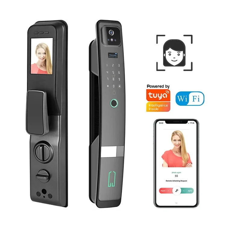 Newest Hot Sale Wood Door Face recognition Fingerprint Tuya WiFi Smart Digital Door Lock with Camera