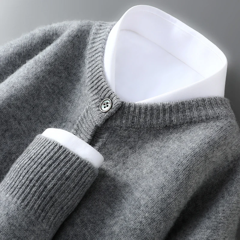 

Men's 100% Merino Wool Round Neck Cardigan Sweater Casual Thick Knit Autumn Winter Jacket Simple Versatile