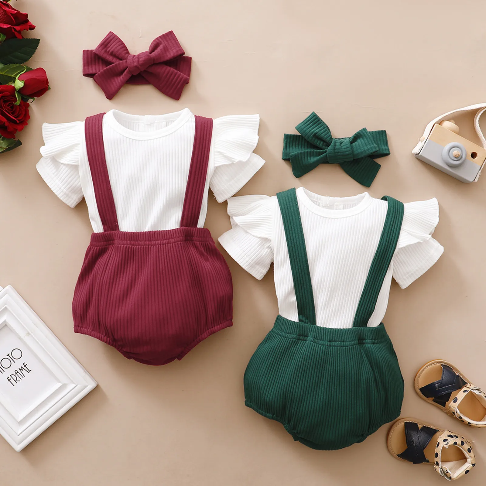 

Toddler Girl Summer Outfits Girl's Clothes Ruffle Ribbed Solid Color Tops Suspender Shorts Hairband Baby Outfits Girls Bundles