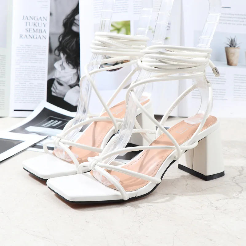 Women's Sandals 2022 Summer New Black PU Thin Strap Ankle Cross Straps High Heels Fashion Casual Thick Heel Women's Shoes 36-42