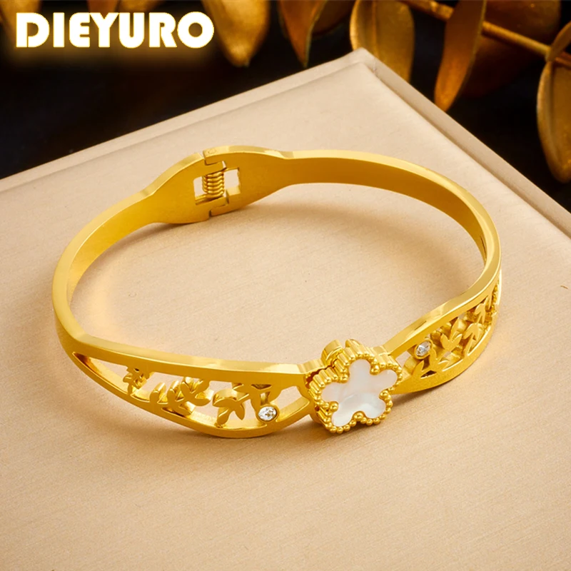 DIEYURO 316L Stainless Steel Golden Colour White Shell Flower Hollow Pattern Bracelet Girl New Fashion Loop Wrist Jewelry Gifts