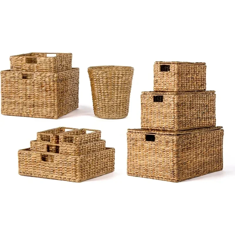 Home.BSK1010A-10SET Traditional Assorted Hand-Woven Hyacinth/Iron Baskets, Natural (Set of 10), Storage Organizing, Laundry