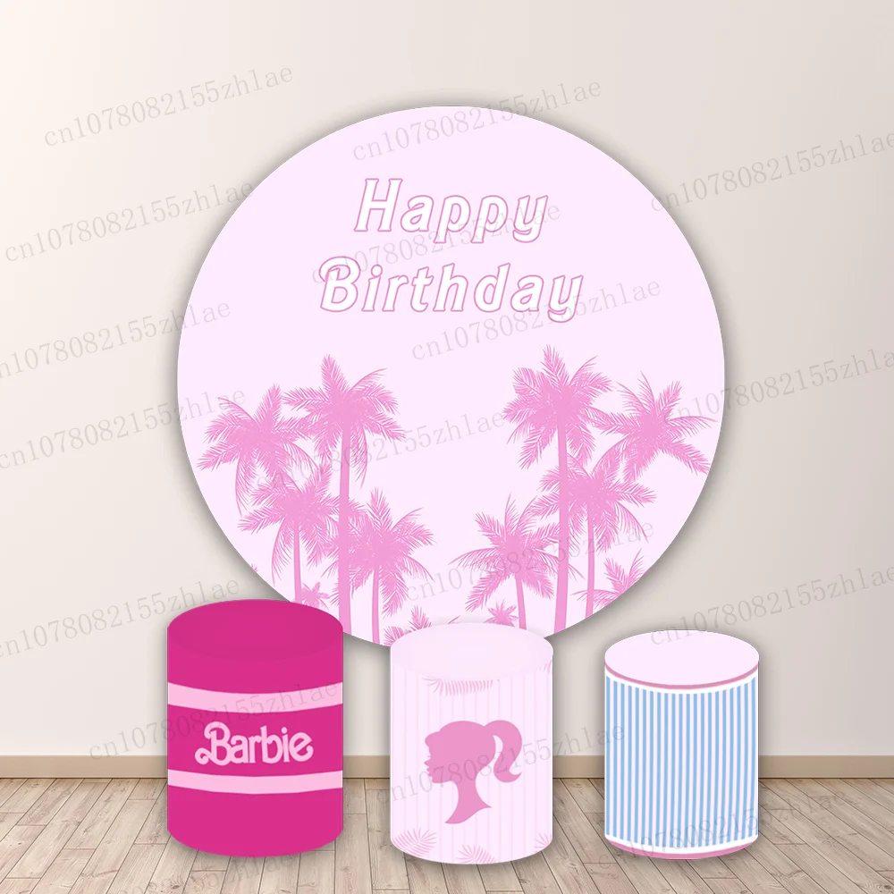 

Barbie Baby Shower Photo Backdrop Birthday Party Photography Backdrop Round&Cylinders Plinth Covers Decoration