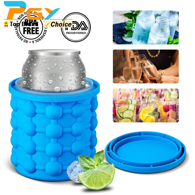 Large 2 in 1 Silicone Ice Bucket Ice Cube Maker Genie Mold With Lid Space Saving Crushed Ice Tray Mold Wine Chilling Bucket Tool