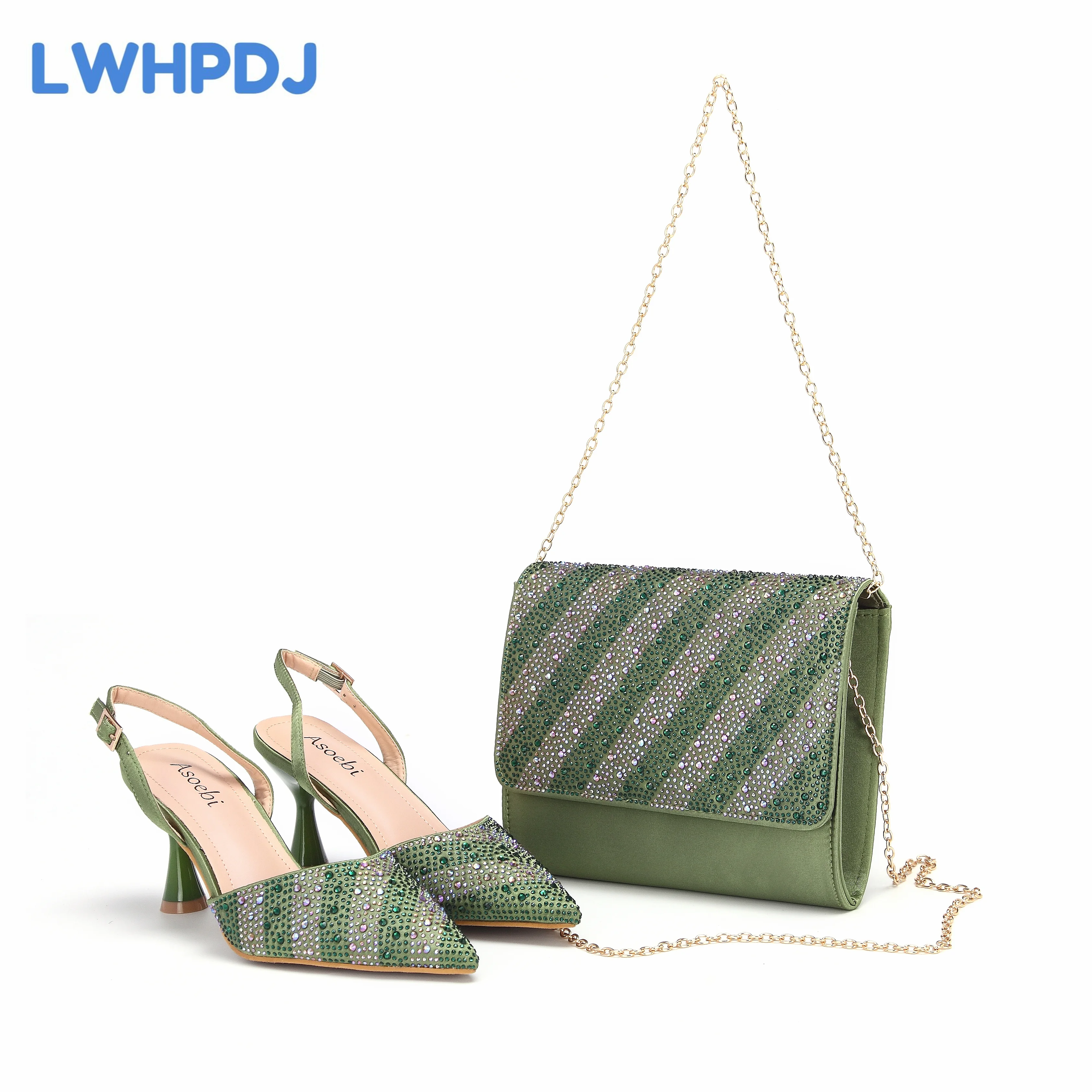 2024 Olive Green Thin Heels Pointed Toe Crystal Design Ladies Shoes Matching Bag Set For Women Weeding Party Pump