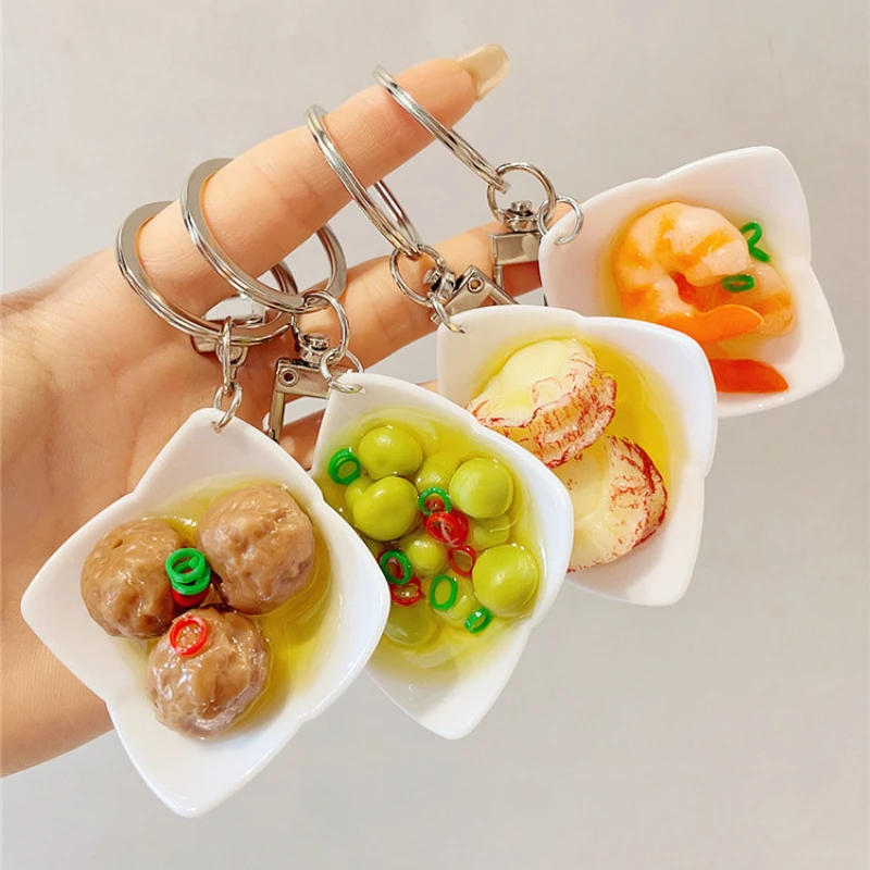 New Food Keychain Creative Simulation Cute Fish Ball Shrimp Seafood DIY Dish Model Keyring Car Phone Bag Pendant Gift Ornaments