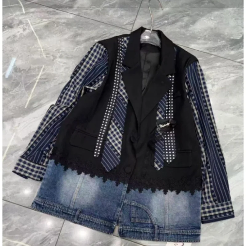 SuperAen Splicing Plaid Denim Blazer Women's Heavy Industry Belt Design Loose Fake Two Pieces Casual Jacket Top