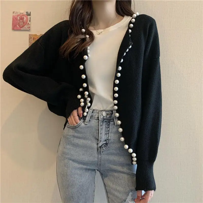 Spring and Autumn Lazy Style Design Sense Pearl Edge Sweater Women\'s French Outfit Versatile Knitted Cardigan Coat