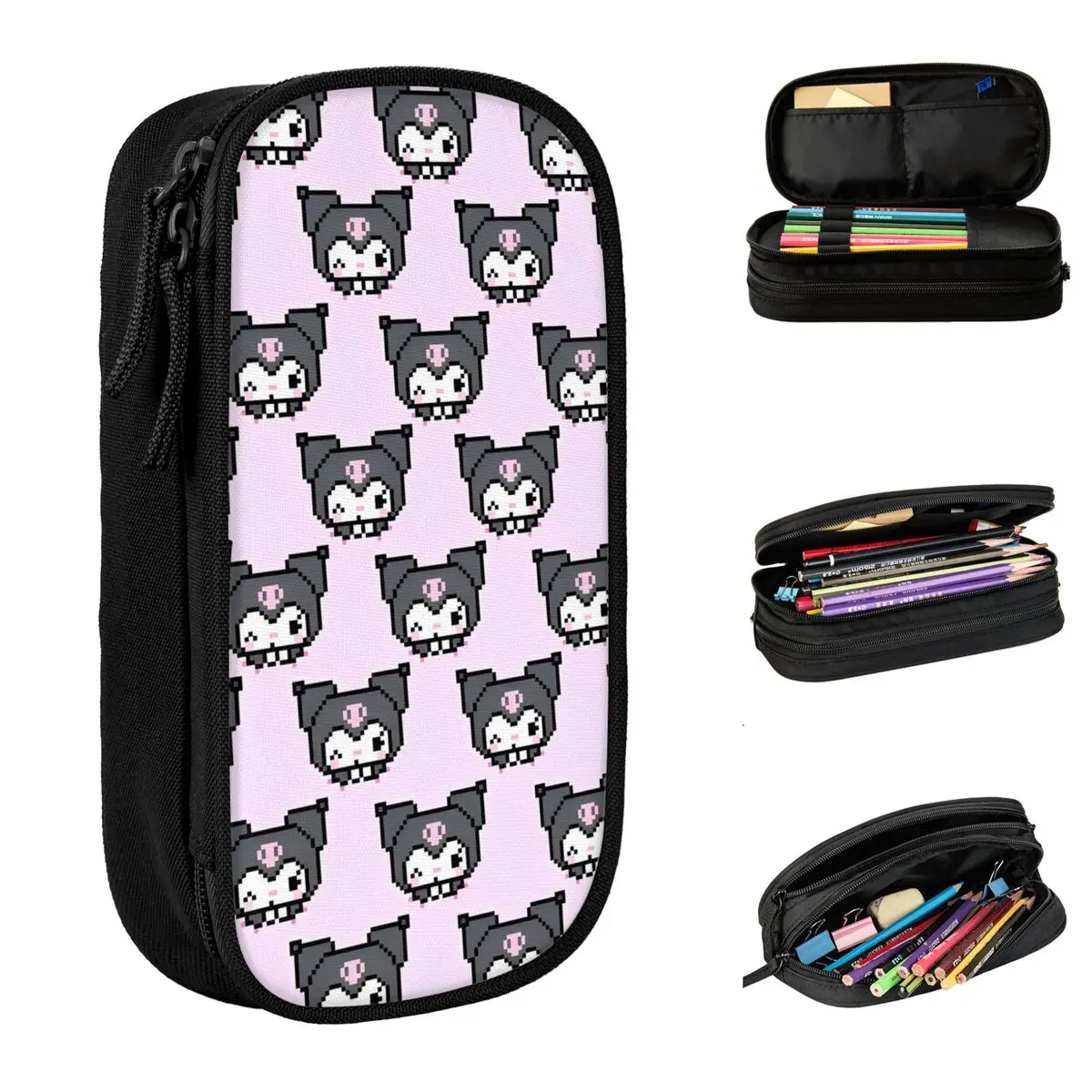 Kawaii Pixel Kuromi Pencil Case Cute Cartoon Pen Bags Girls Boys Big Capacity Students School Zipper Pencilcases