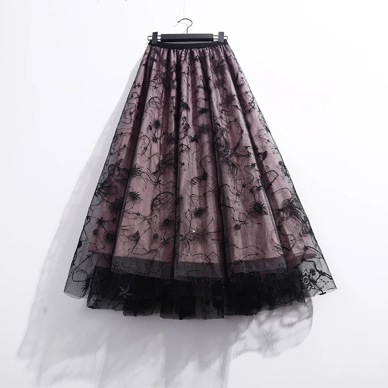 

Vintage Flocking Tulle Skirt for Women Elastic High Waist Mesh Skirts Long Pleated A- Line Tutu Skirt Female Jupe Longue