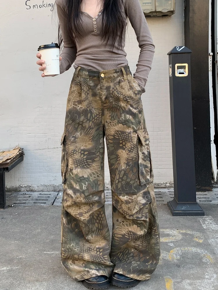 

2024 Cyber Y2K Streetwear Serpentine Camouflage Baggy Cargo Jeans Pants For Women Clothes Wide Leg Lady Trousers Spodnie Damskie