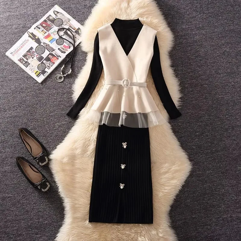 

Autumn Winter Women's Graceful Pearl Vest with Waistbelt Bottom Sweater Knit Bowknot Skirts Sets Lady Elegant Tops Skirt Outfits