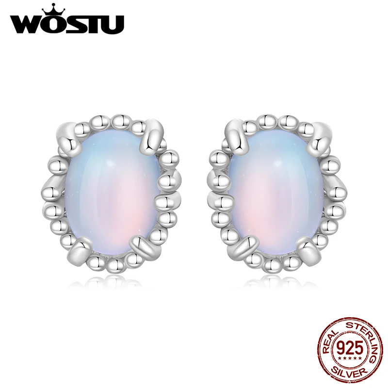

WOSTU 925 Sterling Silver Oval Cut Opalescent Stud Earrings For Women Rainbow Cyrstal Ear STuds Loverly Jewelry Gift CQE1911