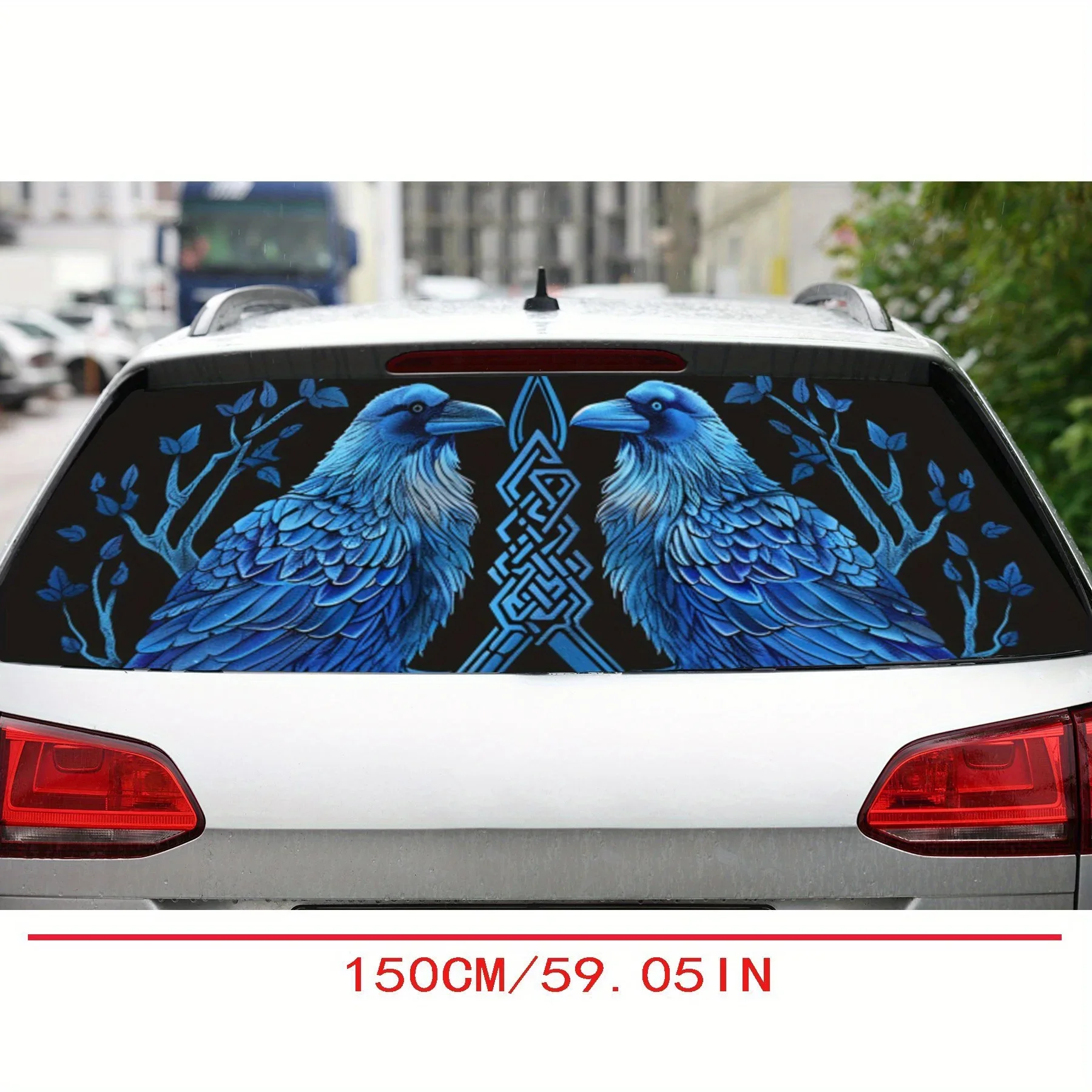 Blue Ravens Celtic Print PVC Perforated Car Vinyl Wraps, Durable Car Rear Windshield Sticker, Waterproof Car Rear Window Decal,