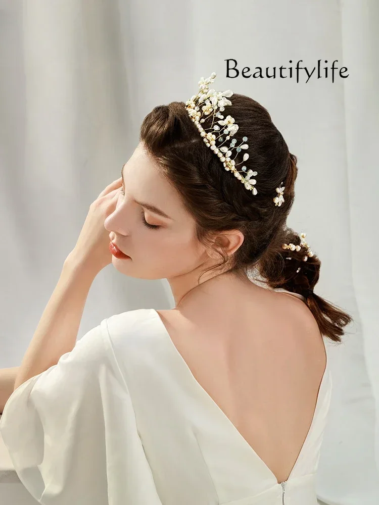 American Simple Retro Affordable Luxury Sense Headband Imitation Pearl Crown Female Hair Accessories Wedding Headdress