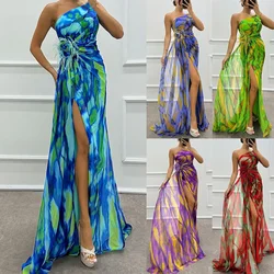 Women New Chiffon Floral Flower Printing Split Dress Casual Party Long Sleeveless High Waist Loose Dress