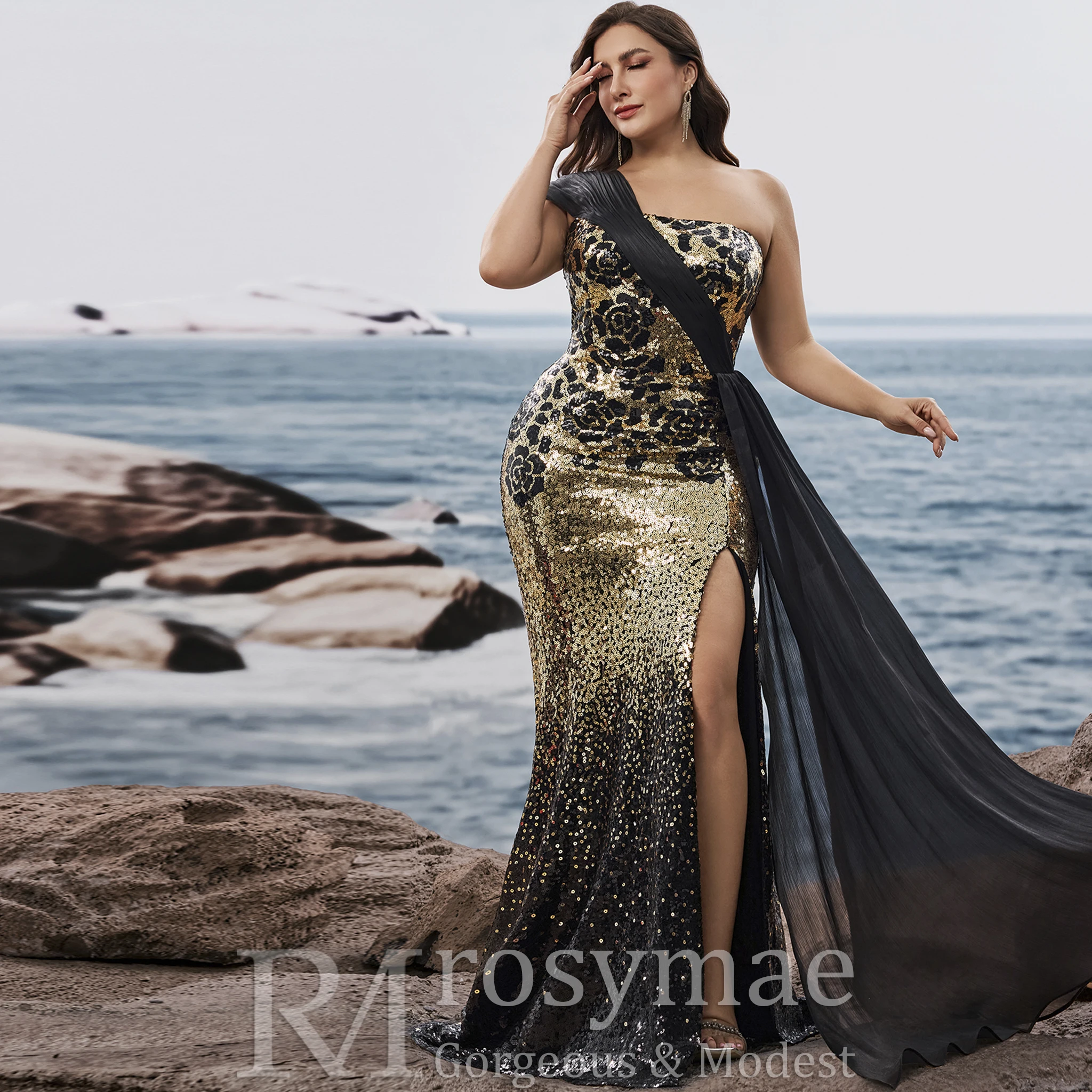 Rosymae Plus Size Elegante off-shoulder Mouwloze Avondjurken Luxe Slit Bruiloft Zeemeermin Lint Cocktailjurken