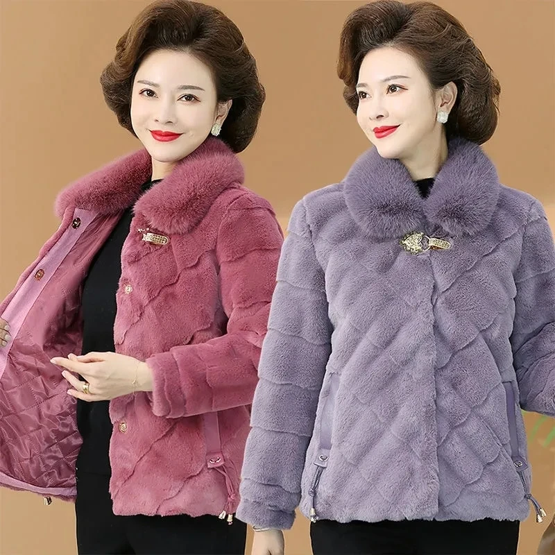 

High End Mother Winter Fur Jacket Middle Aged Women Thick Quilted Warm Short Faux Mink Fur Coat Elegant Women Woolen Outwear 5XL