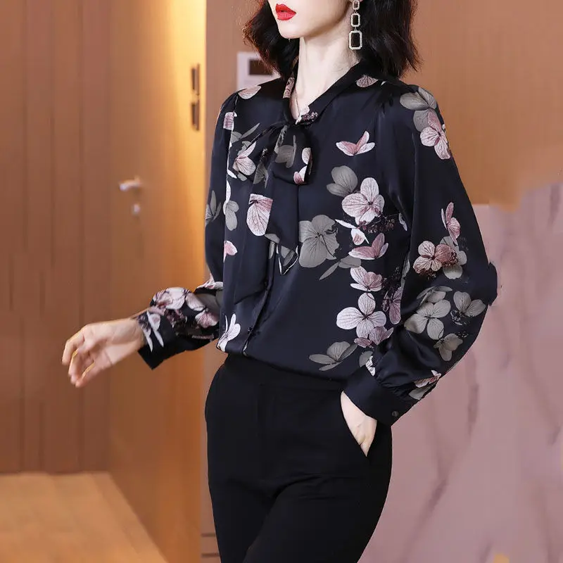 Blusa de manga larga con cuello de bufanda para mujer, camisa con estampado Floral y botones, ropa de primavera y otoño, elegante y Vintage, nueva