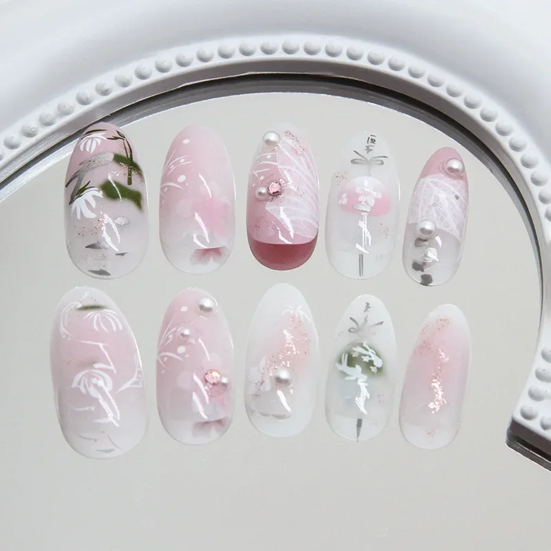 24szt Y2K Chic Press-On Nails Set - Floret & Pearl 3D Gel Design Średni migdałowy kształt z błyszczącym wykończeniem dla kobiet i dziewcząt noszonych