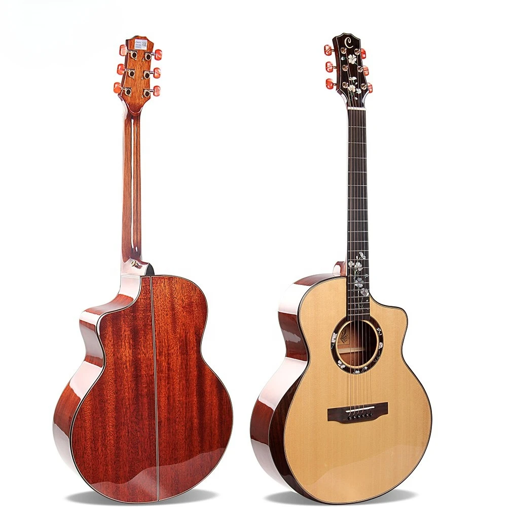 

Wholesale 6 Strings Solid Spruce Top Flower Shell Inlay JF Body Cutaway Electric 41 Inch Acoustic Guitar With Handguard