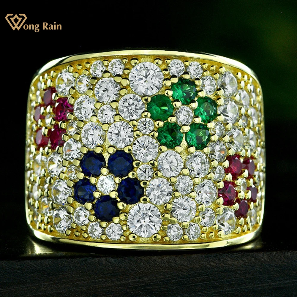 Wong Rain Vintage 18K Gold Plated 925 Sterling Silver Lab Sapphire Gemstone Wedding Party Women Ring Cocktail Party Fine Jewelry