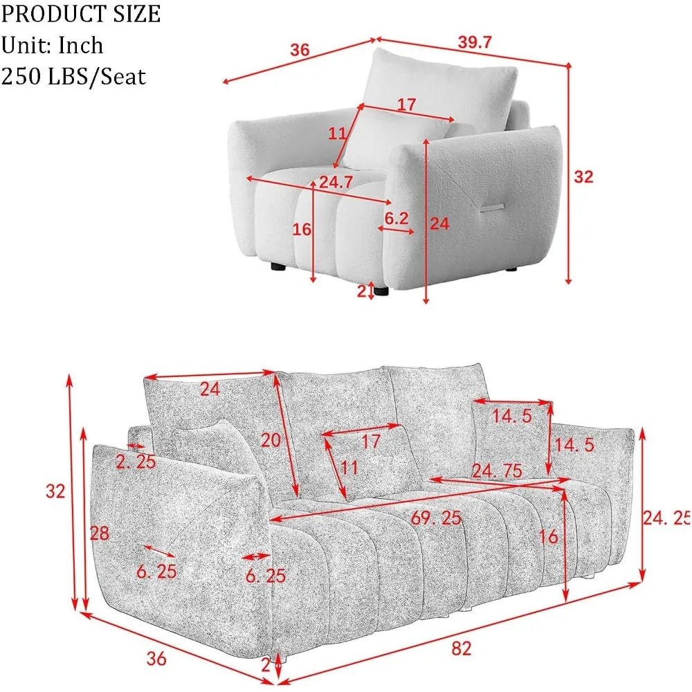 Teddy Sofa Set, Suitable for Living Rooms, Modern Deep Seated Sofa Chairs, and Oversized 3-seater Cloud Boucle Sofas Sofa Bed