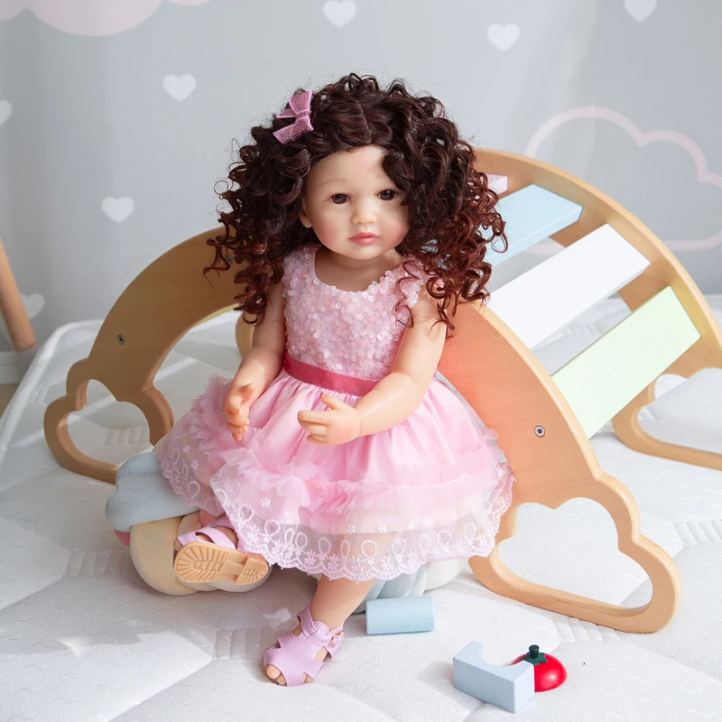 

55CM Silicone Full Body Reborn Baby Girl Dolls Curly Hair Lifelike Toddler Babies Bath Doll Toys Kids Birthday Present