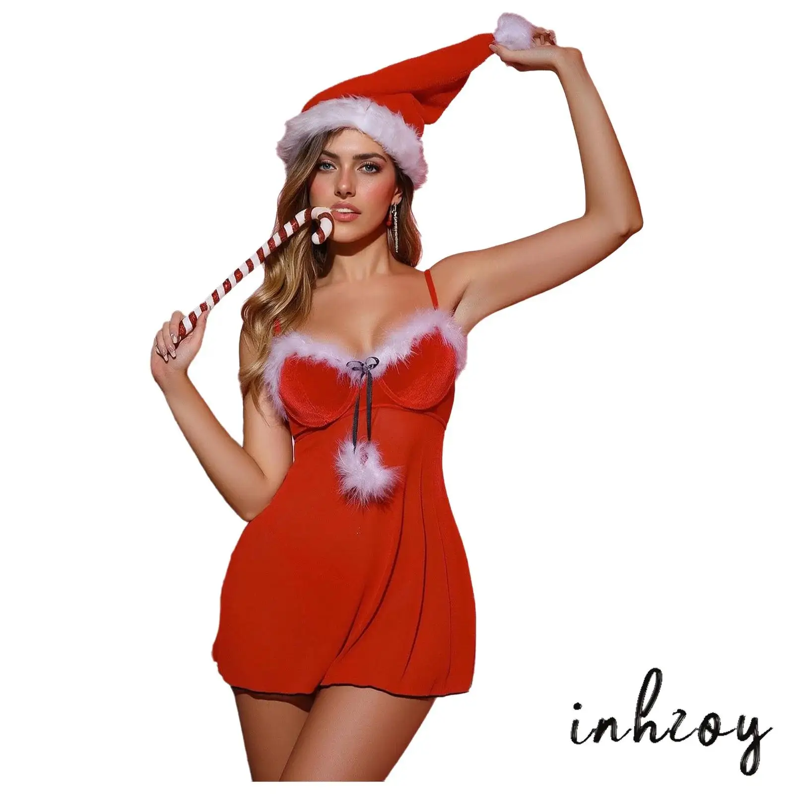

Womens Christmas Lingerie Dress Velvet Push Bra Sheer Mesh Hem Fuzzy Pompom Sleep Dress with T-back for Xmas Dating Night