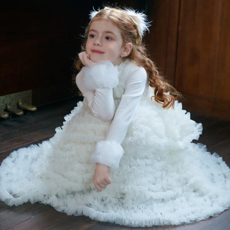 Girls' High-End Vest Dress25Autumn and Winter Girl's Birthday Flower Girl Performance Princess Dress Layered Cake Tank Dress