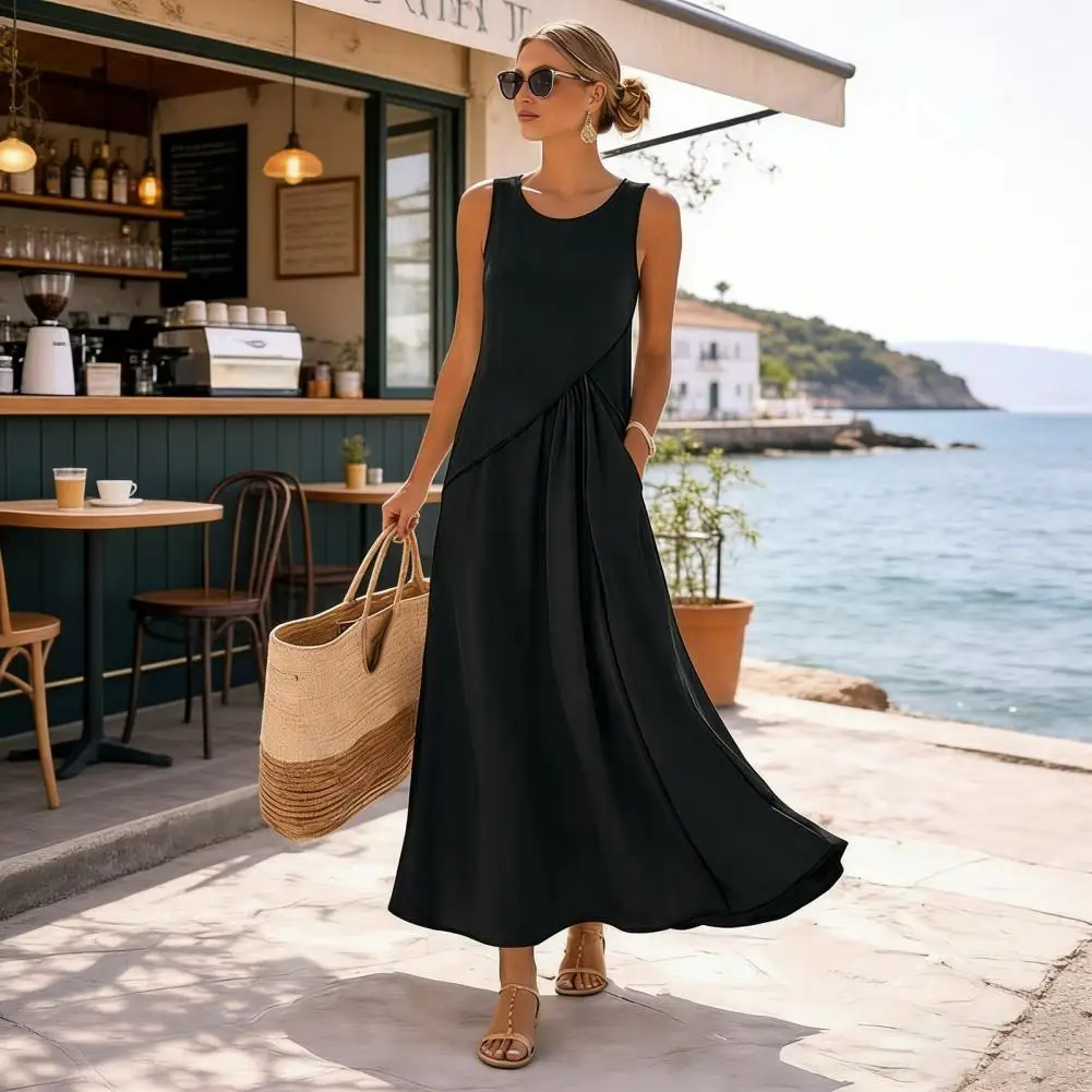 Summer Women Casual Patchwork Chic Maxi Dress, O Neck Holiday Fashion Elegant Party Dress, New Sleeveless Simple Ladies Dresses