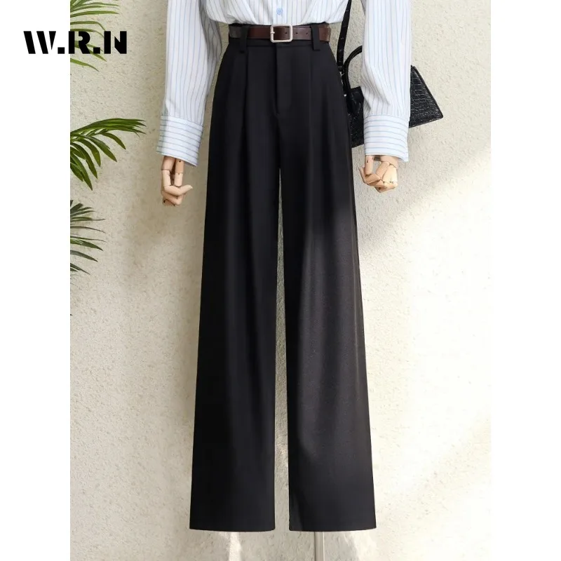 Fall Winter 2024 Burgundy Suits Pants for Women Office Lady Elegant High Waist Wide Leg Fashion Trousers with Pockets Black Gray