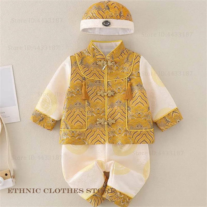 Китайский традиционный детский костюм Тан, парчовый топ ханьфу, брюки, наряд на сто дней, один год, костюм, одежда для фотосъемки