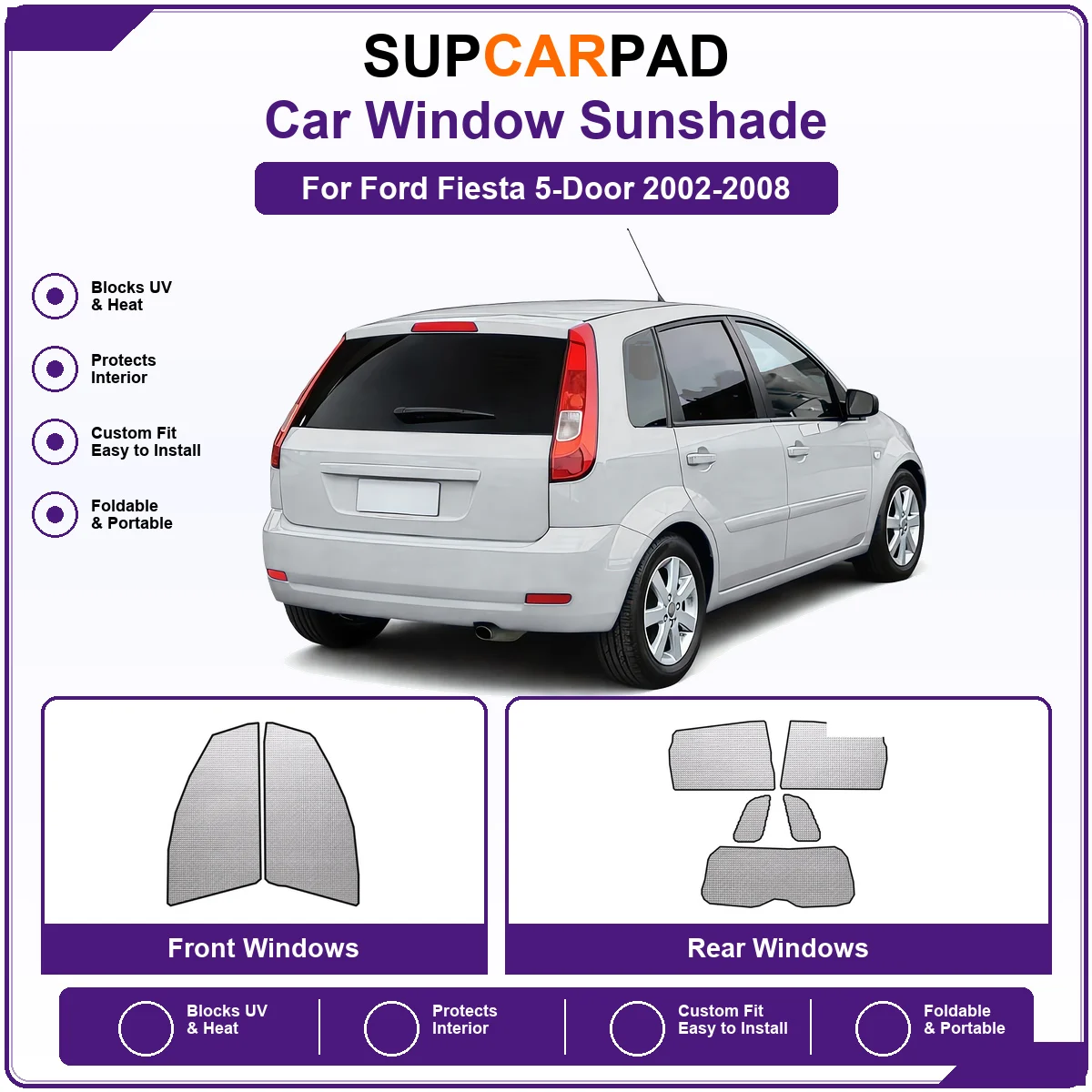 For Ford Fiesta 5-Door 2002-2008 Pre‑Cut Auto Window Sunshade Anti‑UV Car Sun Visor Protector