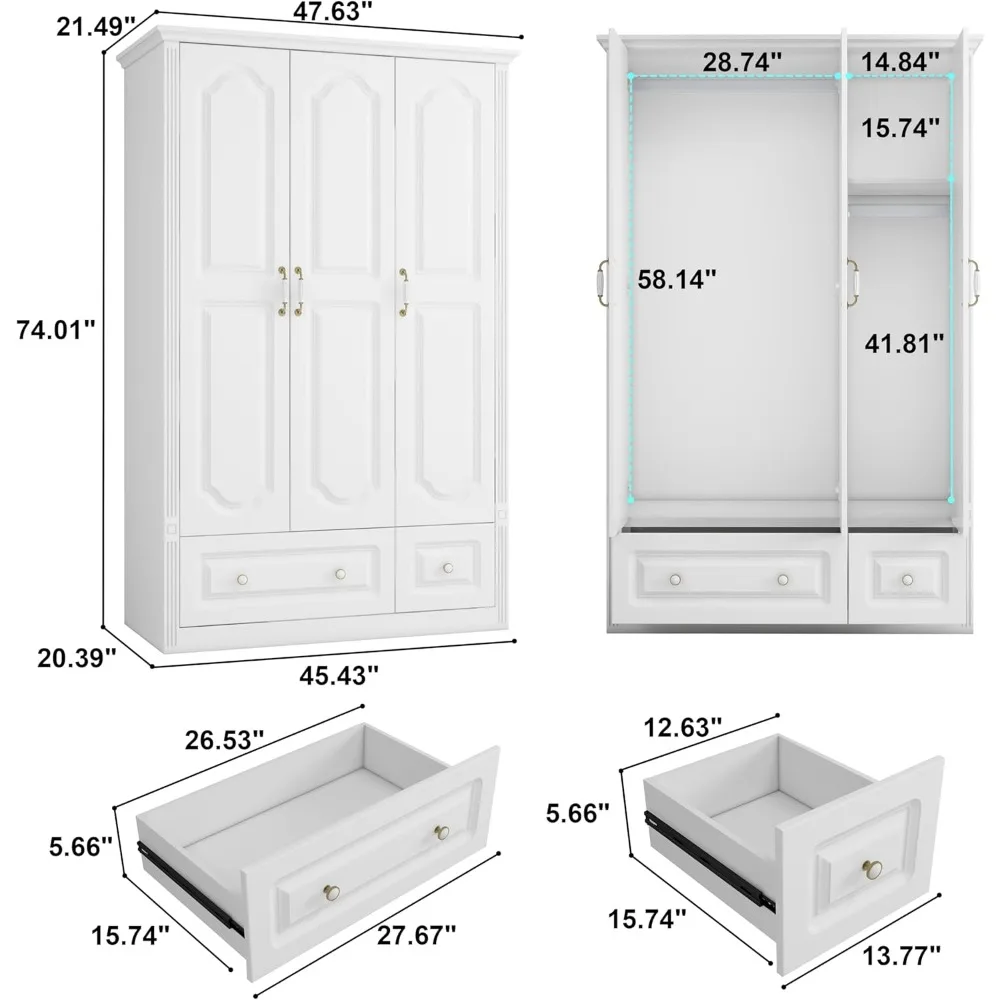 White Wardrobe Closet with 3 Doors: Bedroom Armoire Wardrobe Closet with 3 Drawers, Wardrobe Cabinet for Hanging Clothes